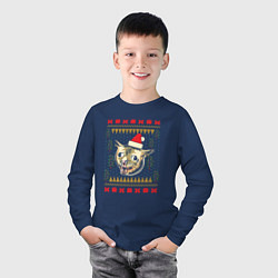Лонгслив хлопковый детский Рождественский свитер кашляющий кот, цвет: тёмно-синий — фото 2