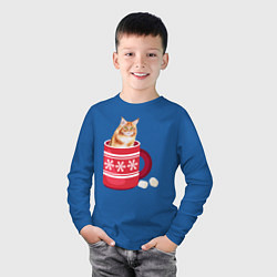 Лонгслив хлопковый детский Кошка сидит в новогодней кружке, цвет: синий — фото 2