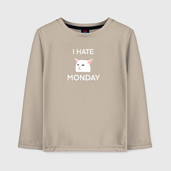 Лонгслив хлопковый детский I hate monday текст с котом, цвет: миндальный