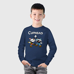 Лонгслив хлопковый детский Cuphead веселые чашечки, цвет: тёмно-синий — фото 2
