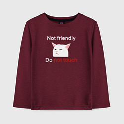 Лонгслив хлопковый детский Not friendly, do not touch, текст с мемным котом, цвет: меланж-бордовый