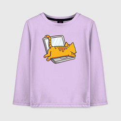 Лонгслив хлопковый детский Котик лежит на ноутбуке, цвет: лаванда