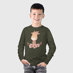 Лонгслив хлопковый детский Милый Жирафик С Цветами, цвет: меланж-хаки — фото 2