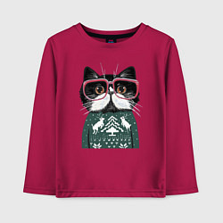 Детский лонгслив Умный кот в очках в новогоднем свитере