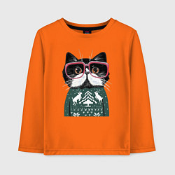 Детский лонгслив Умный кот в очках в новогоднем свитере