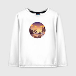 Лонгслив хлопковый детский Тропический остров и лодка в море на закате, цвет: белый