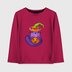 Лонгслив хлопковый детский Смешной кот в ведьмовской шляпе с тыквой Джек, Хэл, цвет: маджента