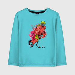 Лонгслив хлопковый детский Девочка хоккеист, цвет: бирюзовый