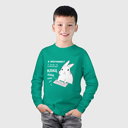 Лонгслив хлопковый детский Кролик программист - клацает, цвет: зеленый — фото 2