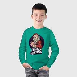 Лонгслив хлопковый детский Санта с подарком, цвет: зеленый — фото 2
