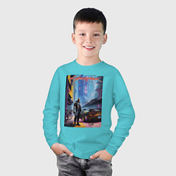 Лонгслив хлопковый детский Cyberpunk 2077 - neural network - character, цвет: бирюзовый — фото 2