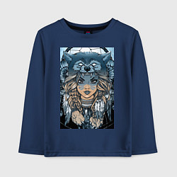 Лонгслив хлопковый детский Девушка волчица, цвет: тёмно-синий