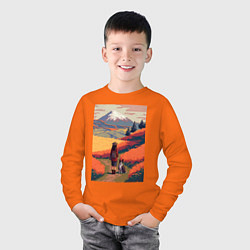 Лонгслив хлопковый детский Девушка, выгуливающая собаку на полях Японии, цвет: оранжевый — фото 2
