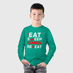Лонгслив хлопковый детский Надпись eat sleep Control repeat, цвет: зеленый — фото 2