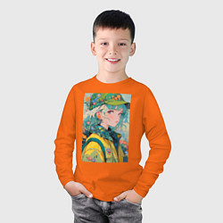 Лонгслив хлопковый детский Девочка в кепке, цвет: оранжевый — фото 2
