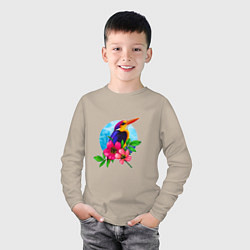 Лонгслив хлопковый детский Тропическая птица в цветах, цвет: миндальный — фото 2