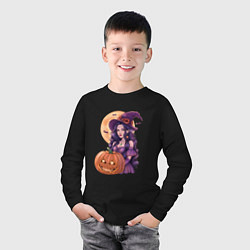 Лонгслив хлопковый детский Хэллоуин - ведьма с тыквой, цвет: черный — фото 2