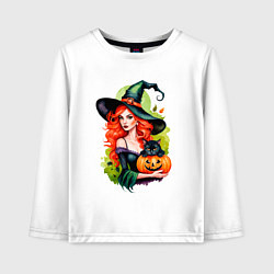 Детский лонгслив Рыжая ведьма с тыквой и черным котом