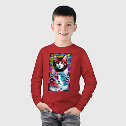 Лонгслив хлопковый детский Обалдевшие кот и кошка с разными глазами - поп-арт, цвет: красный — фото 2