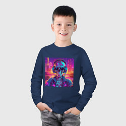 Лонгслив хлопковый детский Скелет в наушниках в неоновом свете, цвет: тёмно-синий — фото 2