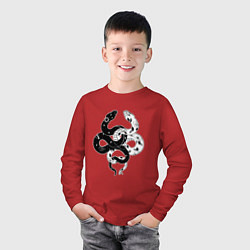Лонгслив хлопковый детский Змеи инь и янь - черное белое, цвет: красный — фото 2