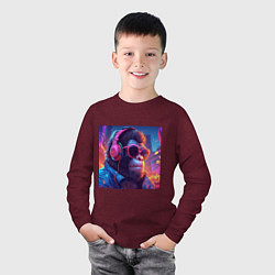 Лонгслив хлопковый детский Обезьяна в ярких неоновых наушниках, цвет: меланж-бордовый — фото 2