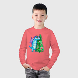 Лонгслив хлопковый детский Дракон у елки 2024, цвет: коралловый — фото 2