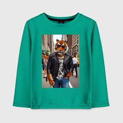 Лонгслив хлопковый детский Cool tiger on the streets of New York - ai art, цвет: зеленый