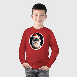 Лонгслив хлопковый детский Кот породы Рэгдолл в новогодней шапке, цвет: красный — фото 2