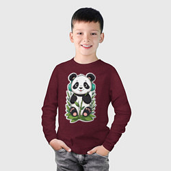 Лонгслив хлопковый детский Медвежонок панды в наушниках, цвет: меланж-бордовый — фото 2