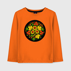 Лонгслив хлопковый детский Хохломская роспись цветы и ягоды в чёрном круге, цвет: оранжевый