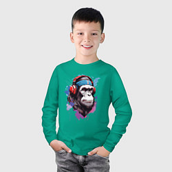 Лонгслив хлопковый детский Шимпанзе в наушниках, цвет: зеленый — фото 2
