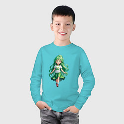Лонгслив хлопковый детский Девочка с зелеными волосами, цвет: бирюзовый — фото 2