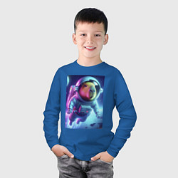 Лонгслив хлопковый детский Полёт капибары в космосе - неон, цвет: синий — фото 2