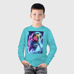 Лонгслив хлопковый детский Полёт капибары в космосе - неон, цвет: бирюзовый — фото 2