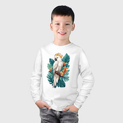 Лонгслив хлопковый детский Попугай какаду и тропические листья, цвет: белый — фото 2