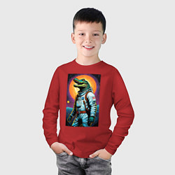 Лонгслив хлопковый детский Крокодил космонавт - нейросеть, цвет: красный — фото 2