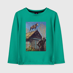Лонгслив хлопковый детский Геральд и плотва на крыше - обложка карты из Гвинт, цвет: зеленый
