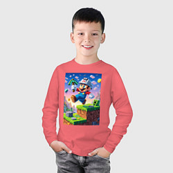 Лонгслив хлопковый детский Марио и Майнкрафт - коллаба, цвет: коралловый — фото 2