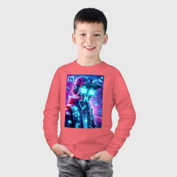 Лонгслив хлопковый детский Minecraft and Cyberpunk collaboration - ai art neo, цвет: коралловый — фото 2