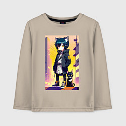 Детский лонгслив Девочка с кошкой на крыше - нейросеть