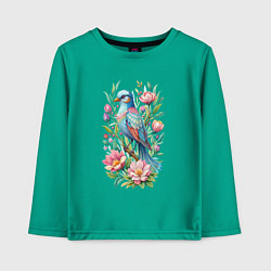 Детский лонгслив Красивая голубая птица среди цветов