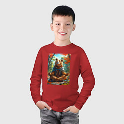 Лонгслив хлопковый детский Медведь на медитации, цвет: красный — фото 2