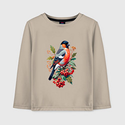 Лонгслив хлопковый детский Снегирь не ветке красной рябины, цвет: миндальный