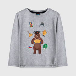 Детский лонгслив Медведь с балалайкой в ушанке и матрёшка