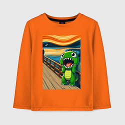 Лонгслив хлопковый детский Динозаврик кричит на картине Эдварда Мунка - мем и, цвет: оранжевый