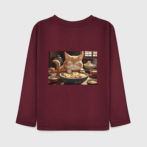 Детский лонгслив Кот обожает рамен / Меланж-бордовый – фото 2