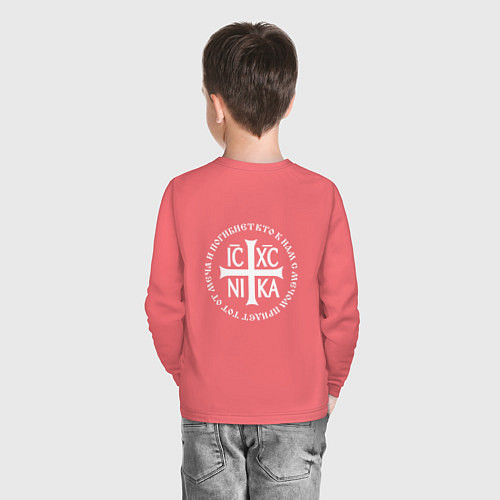 Детский лонгслив Кто к нам с мечом придет ника большая белая текст / Коралловый – фото 4