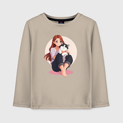 Детский лонгслив Сидящая девушка с кошкой на ногах