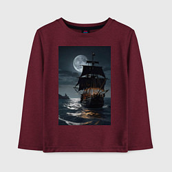Лонгслив хлопковый детский Пиратский корабль в шторм, цвет: меланж-бордовый